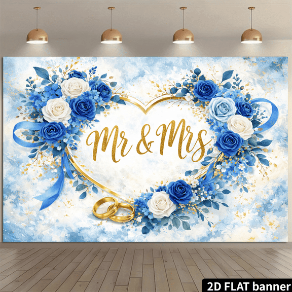 Blue Mr and Mrs Bridal Shower Backdrop Blue White Rose Wedding Background Gold Heart Ring Bride to Be Engagement Party Decorations Banner Supplies Photo Booth Props