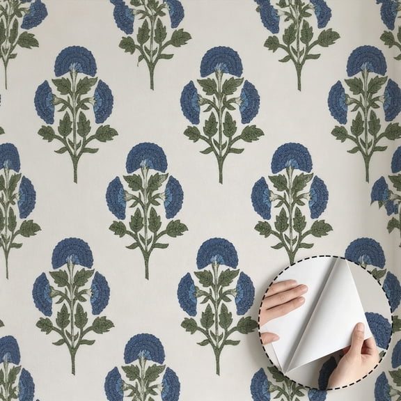 Blue Mughal Floral Wallpaper Vintage Farmhouse Boho Peel and Stick Waterproof Wallpaper Home Decor for Living Room Bedroom Kitchen Cabinet Dorm Room Rental Property 17.7 * 78.7 in