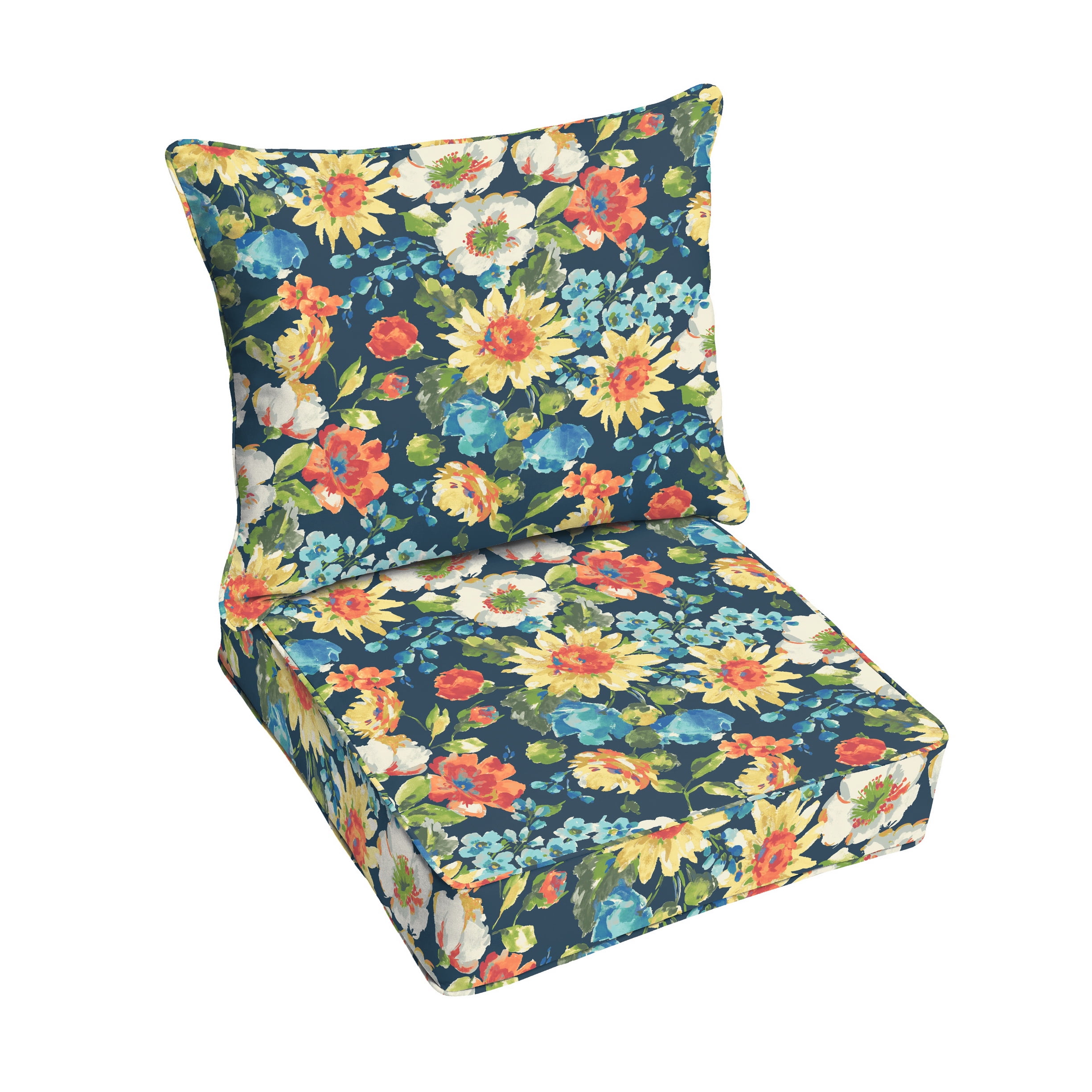 Blue Multi Floral Indoor/Outdoor Deep Seating Pillow and Cushion Set, Corded
