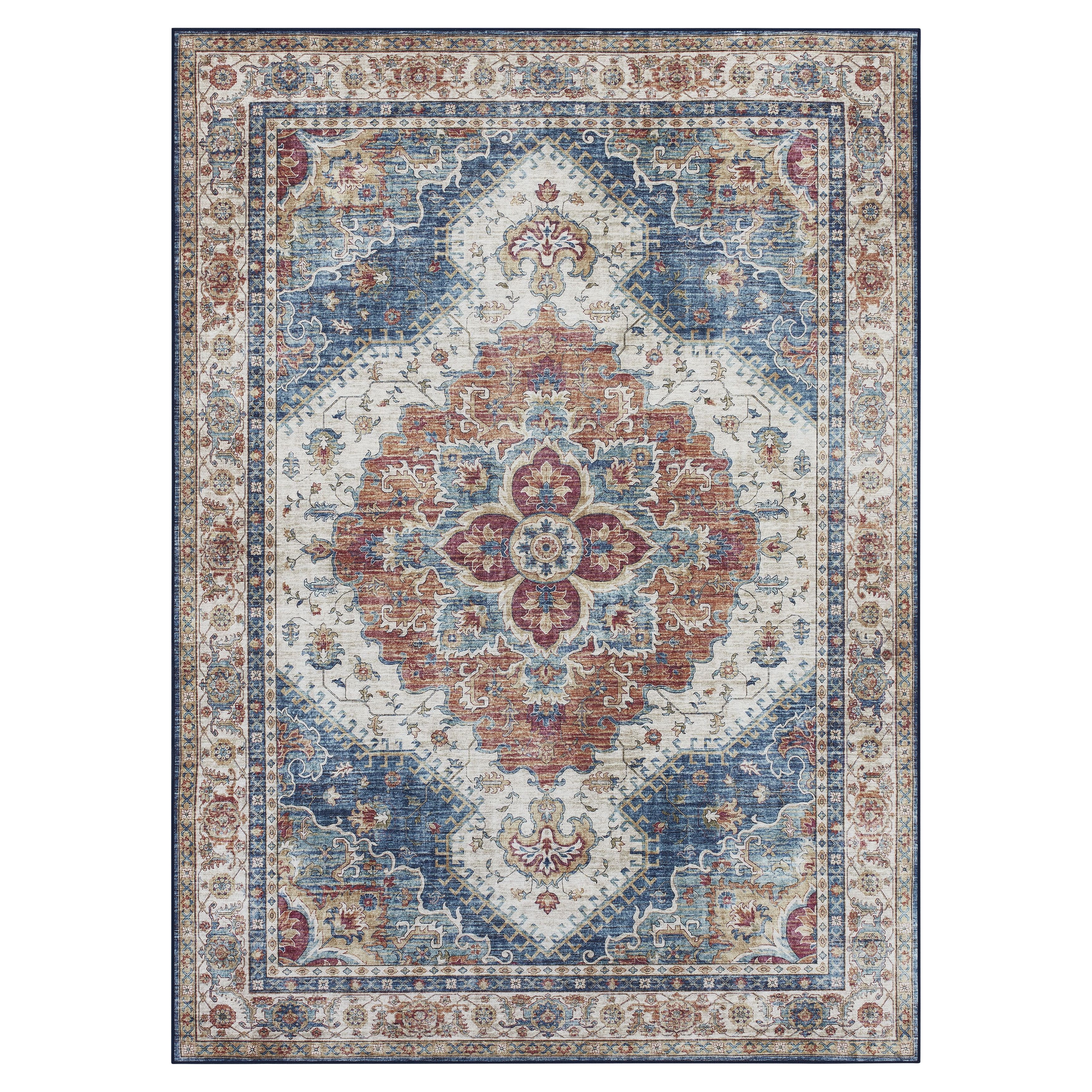 Blue Multi Medallion Skid- Resistant Area Rug, 5' x 7'