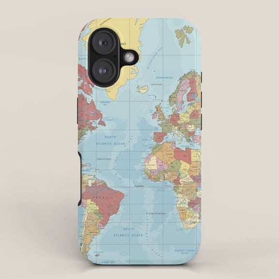 Blue Multicolor World Map Tough Case for Apple iPhone, Dual-Layer Polycarbonate and TPU