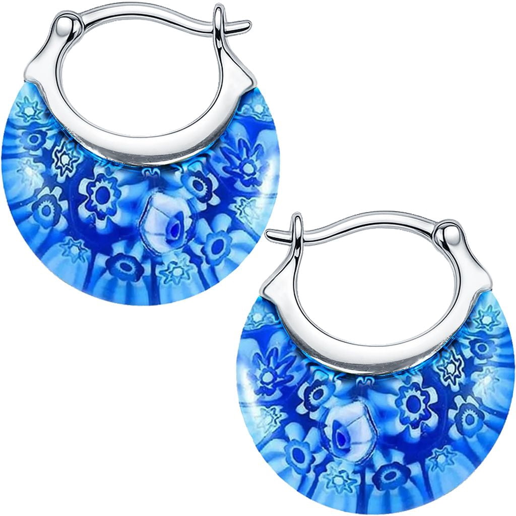 Blue Murano Style Millefiori Glass Hoop Earrings for Women Daisy Flower Stainless Steel Jewelry Ct. 30 Birthday Christmas Gifts
