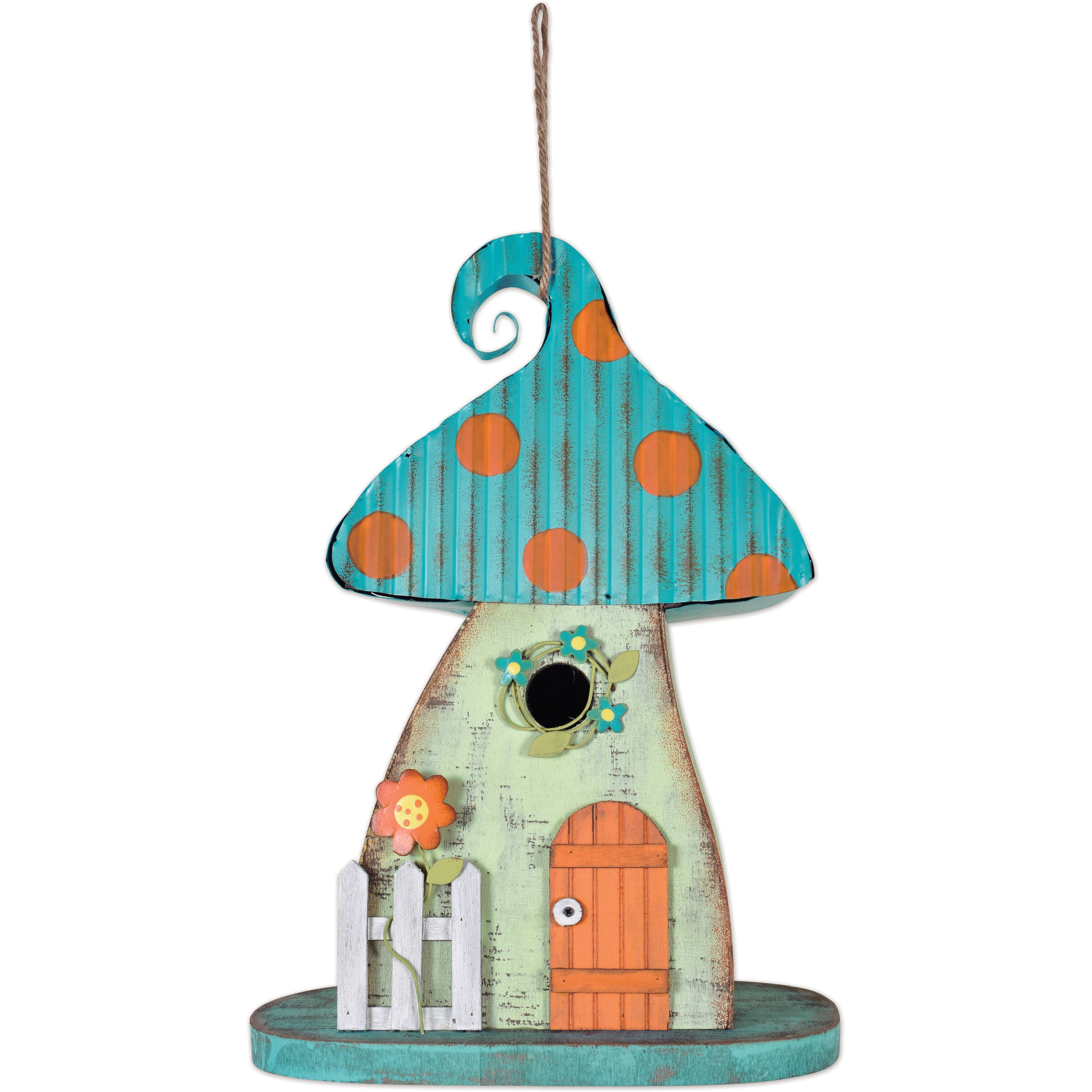 Whimsical Turquoise and Orange Mushroom Birdhouse with Coral Door