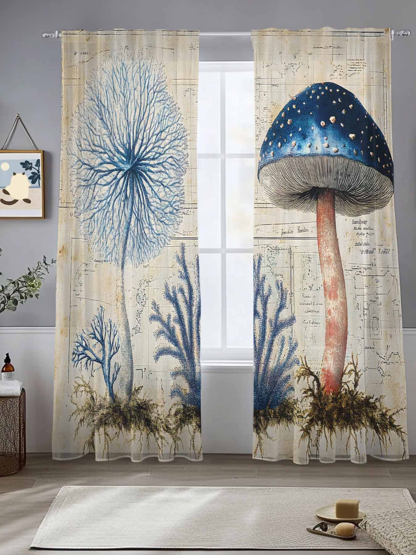 Blue Mushroom Sheer Curtains for Living Room Bedroom Spring Watercolor