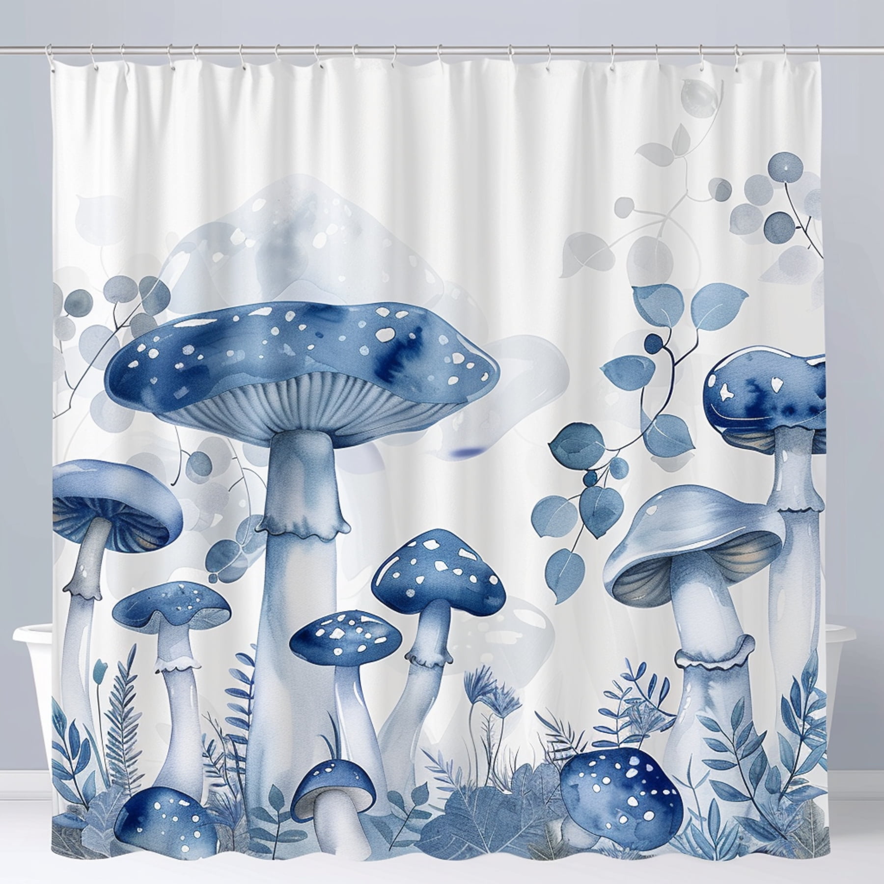 Blue Mushroom Watercolor Bathroom Curtain Set with White Background