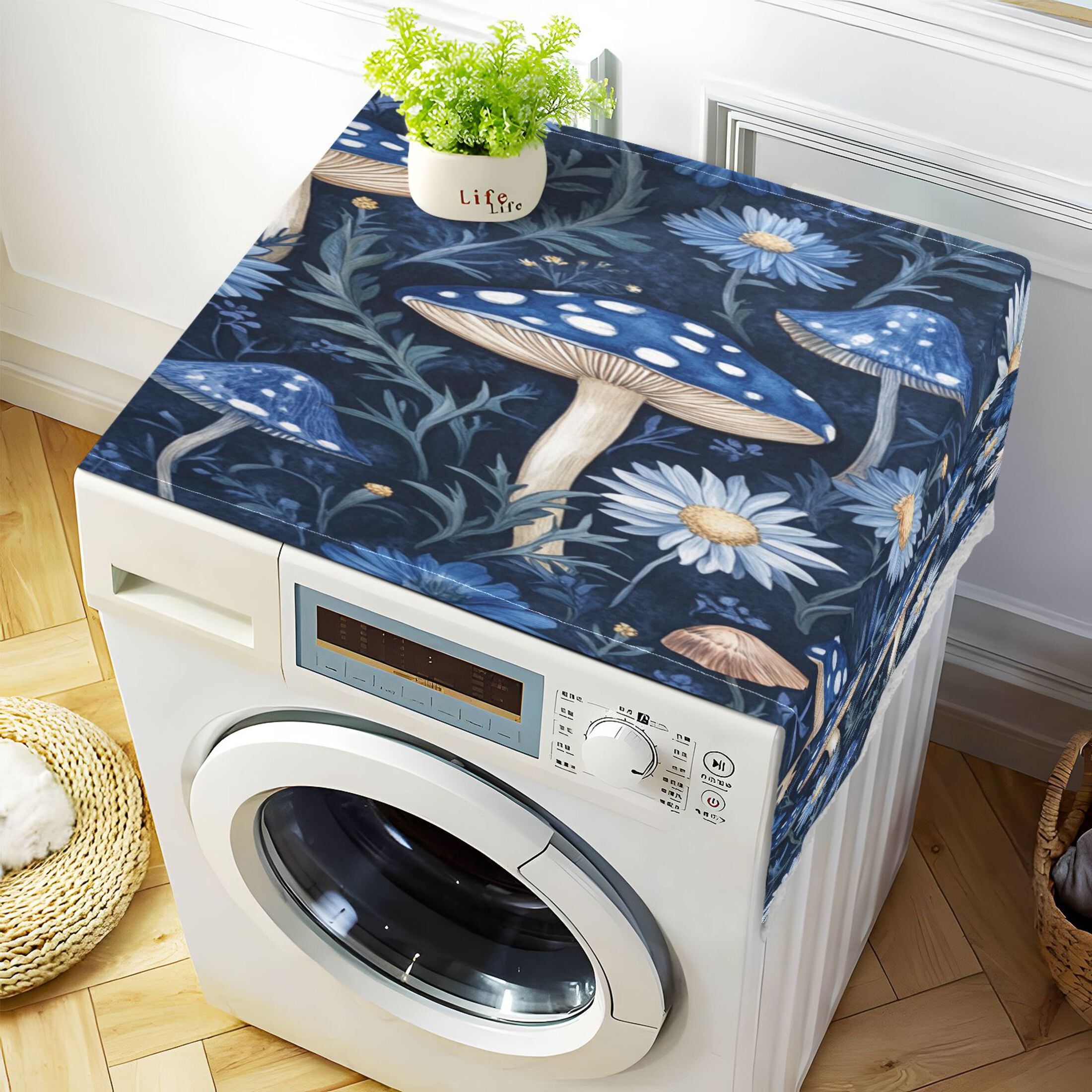 Blue MushroomWasher and Dryer Covers Dust-Proof and Oil Resistant Fridge Cover with 4 Storage Pockets Washing Machine Top Cover for Laundry Kitchen Home 51.2 x 22 In