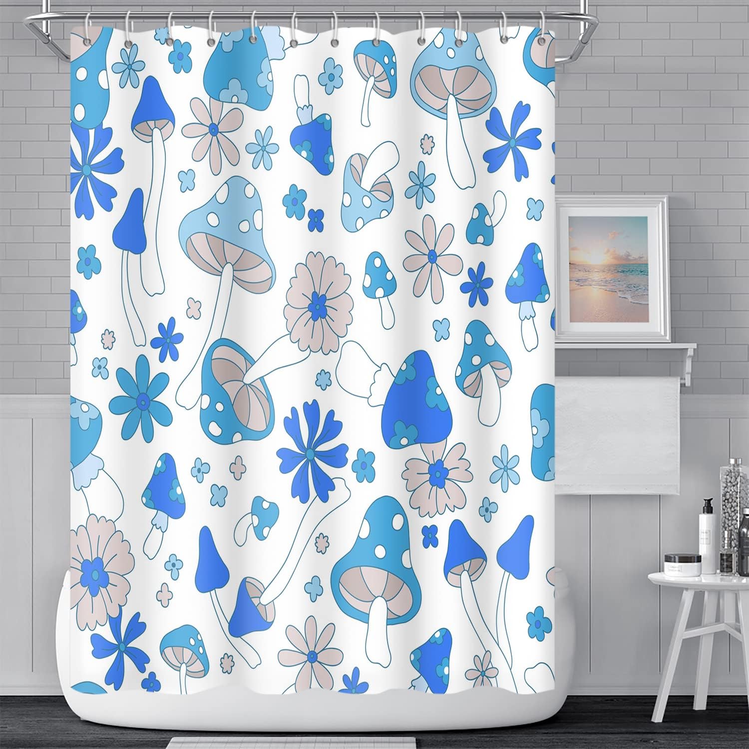 Blue Mushrooms Bathroom Shower Curtain Retro 70s 60s Funky Floral Hippie Boho Style Shower Curtain Washable Durable Fabric Home Decorative Shower Curtain with Hooks, 36x72 Inch