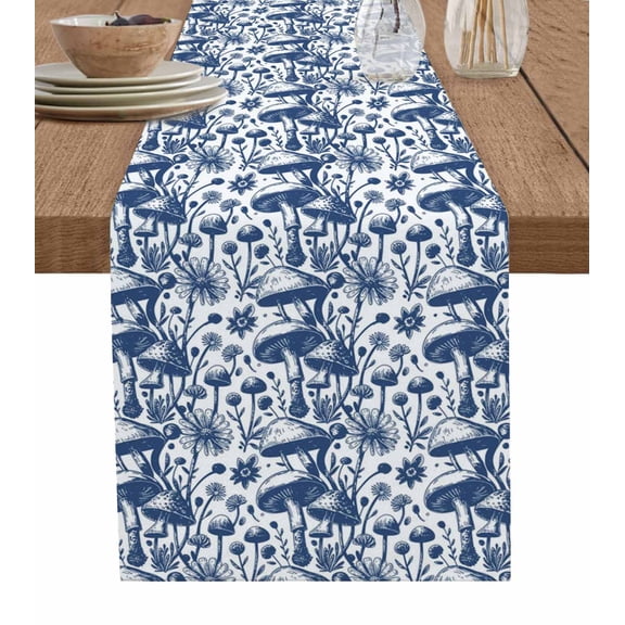 Blue Mushrooms Fall Burlap Cotton Table Runner 13x70 Inches Long, Thanksgiving Retro Country Plants Farmhouse Table Runners, Outdoor Dining Tablecloths Decor for Baby Shower/Party/Wedding