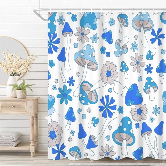 Blue Mushrooms Retro 70s 60s Funky Floral Hippie Boho Style Shower Curtain, Washable Durable Fabric, 72x72 Inch with Hooks
