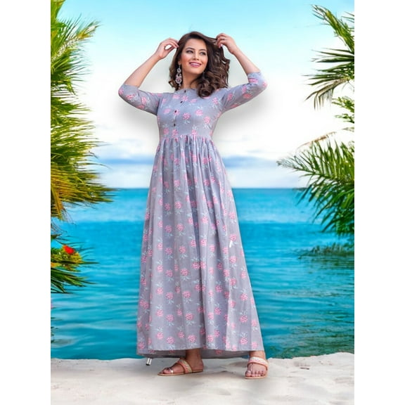 Blue: Muslin Printed Work Traditional Gown,Cultural Wear for Women,01