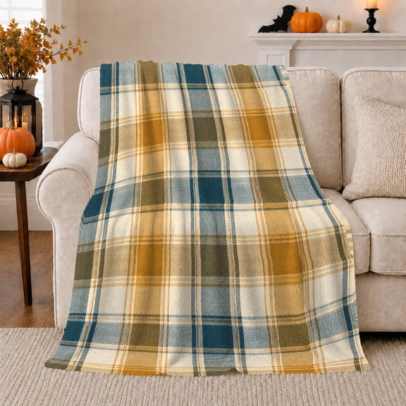 Blue Mustard Plaid Pattern on Cream, Rustic Farmhouse Style for Plaid Lovers, Cozy Checkered Cabin Motif and Housewarming Gift, Soft Flannel Blanket for Cabin and Bedroom, Home Decor