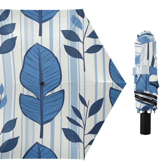 Blue Narrow Stripes Tropical Leaves All Weather Umbrella Triple Folding Parasol 6 Ribs UV Protection Portable