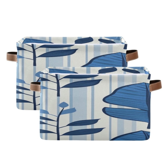 Blue Narrow Stripes Tropical Leaves Square Storage Bins with Handles Collapsible Containing Box 2 Packs
