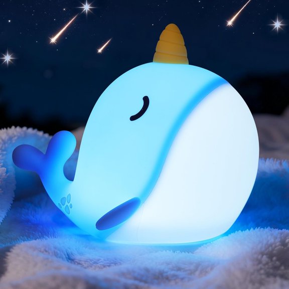 Blue Narwhal Night Light, Cute Squishy Lamp, Dimmable Control Narwhal Gifts for Boys Girls, Lamp for Birthday Christmas Decor