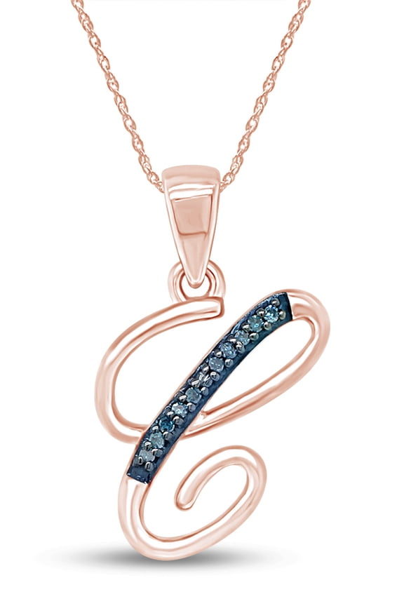 Blue Natural Diamond Initial "C" Pendant Necklace in 14k Rose Gold Over Sterling Silver