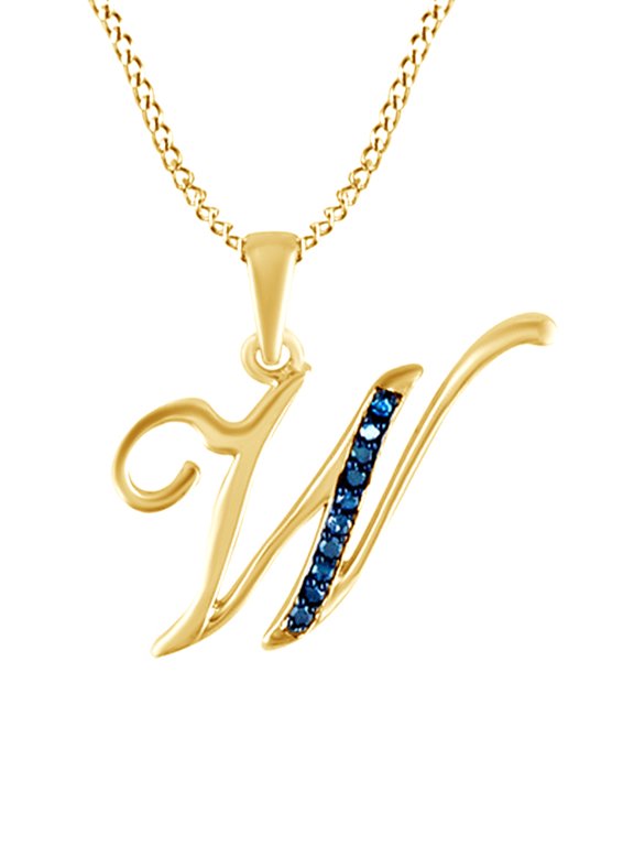 Blue Natural Diamond Initial "W" Pendant Necklace in 14k Yellow Gold Over Sterling Silver