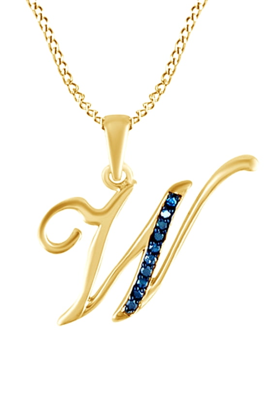 Blue Natural Diamond Initial "W" Pendant Necklace in 14k Yellow Gold Over Sterling Silver