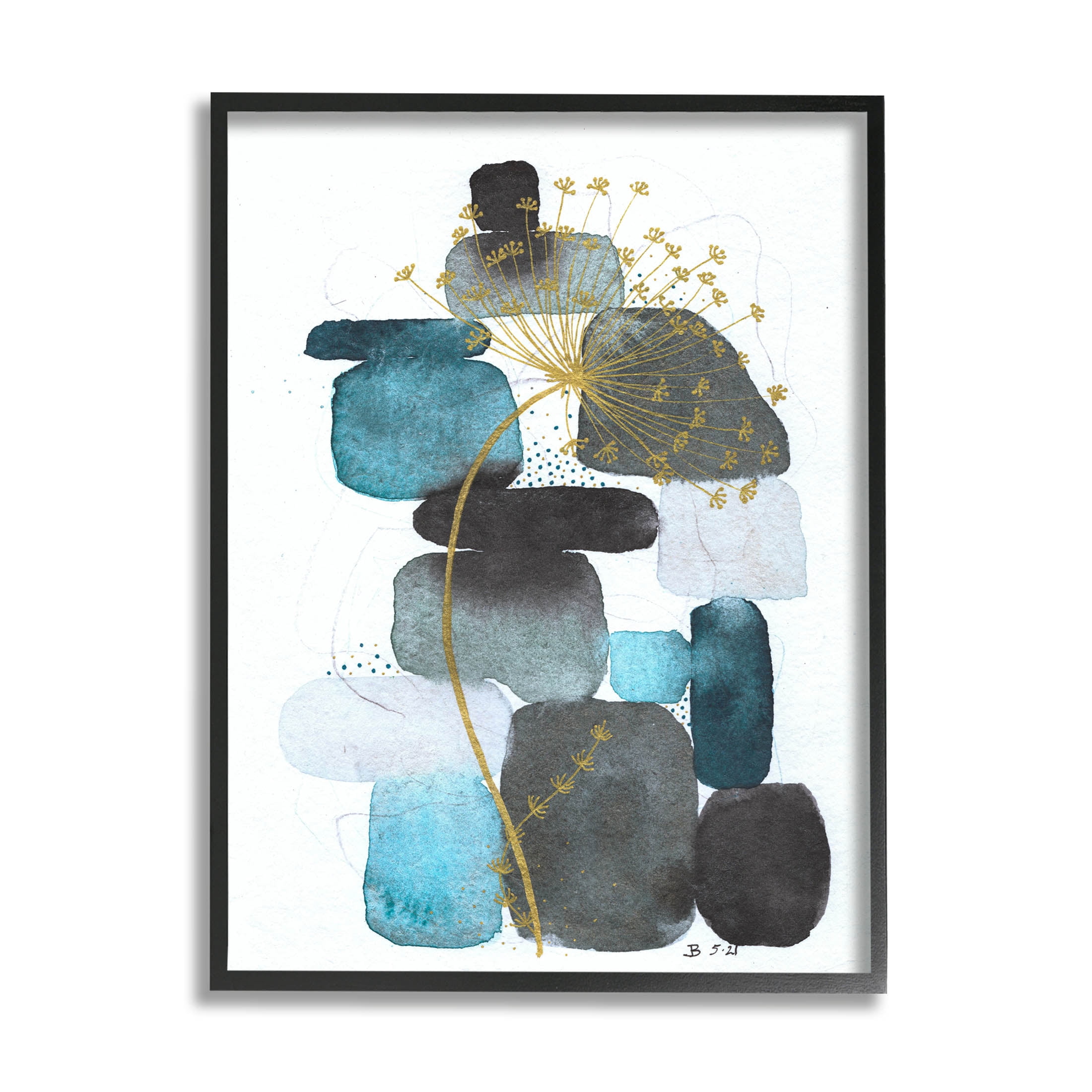 Blue Nature Rocks Dandelion Abstract Graphic Art Black Framed Art Print Wall Art