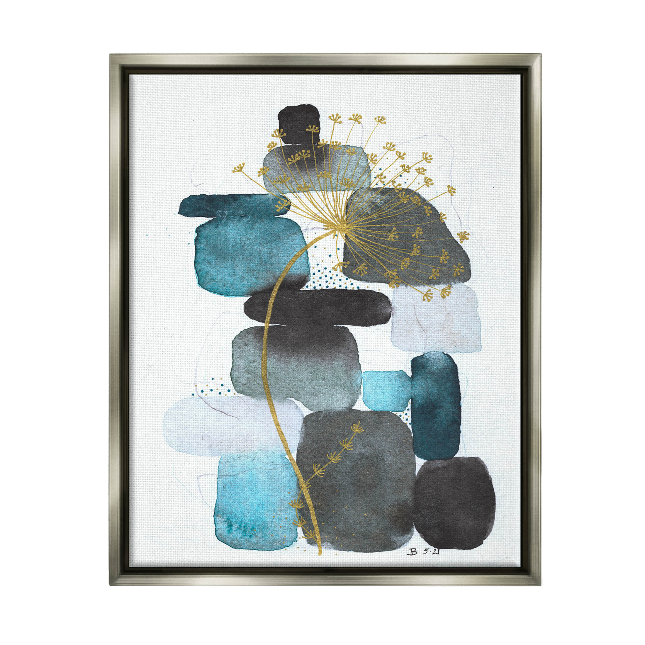 Blue Nature Rocks Dandelion Abstract Graphic Art Luster Gray Framed Art Print Wall Art