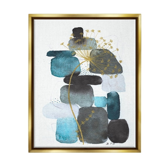 Blue Nature Rocks Dandelion Abstract Graphic Art Metallic Gold Framed Art Print Wall Art