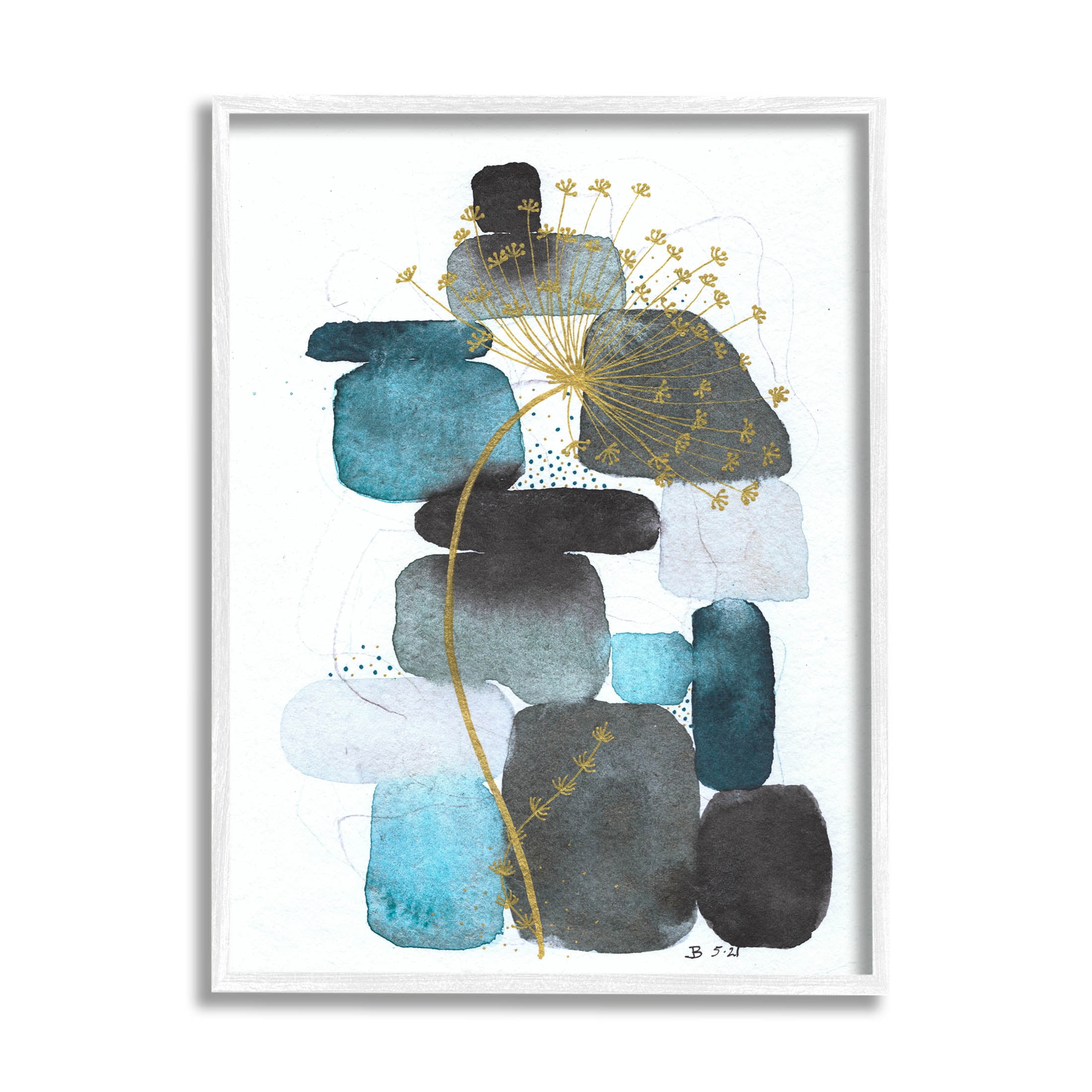 Blue Nature Rocks Dandelion Abstract Graphic Art White Framed Art Print Wall Art