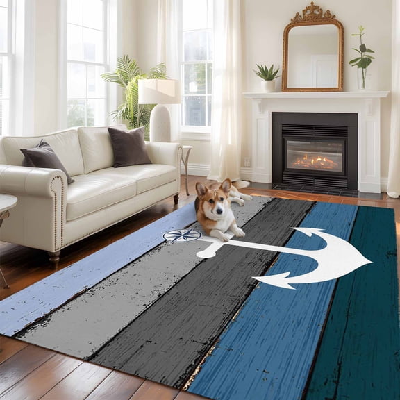 Blue Nautical Anchor Area Rug 5x8 FT, Non Slip Bedroom Throw Carpet, Rustic Distressed Wood Grain Washable Soft Floor Carpet Non-Shedding Rug for Living Room Nursery Dorm Office