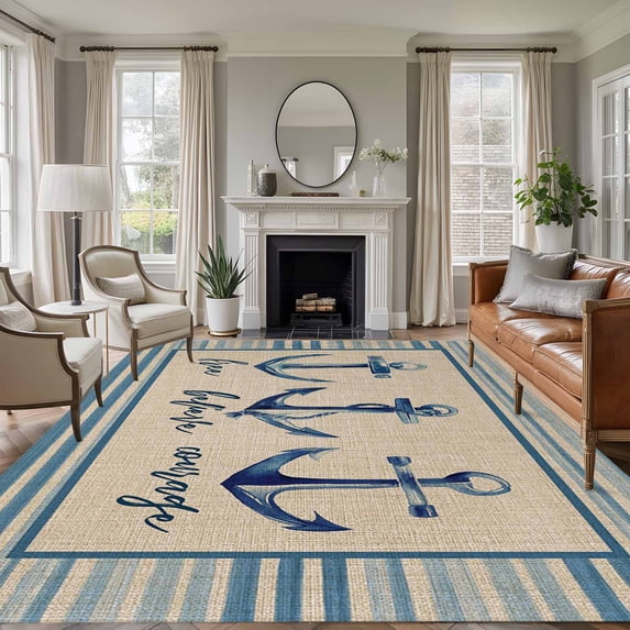 Blue Nautical Anchor Area Rugs 5'x7', Small Throw Rugs for Laundry Room Playroom, Country Retro Ocean Beach Stripes Beige Indoor Outdoor Rug Non-Slip Low Pile Carpet Runner Reversible Floor Mats