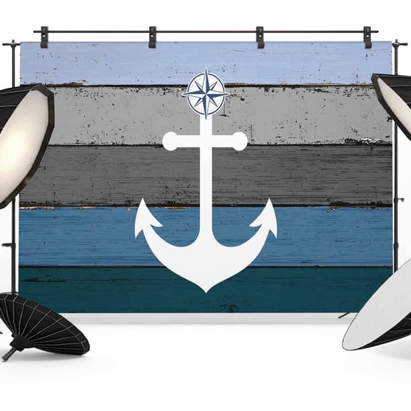 Blue Nautical Anchor Backdrop for Photoshoot,Photography Photo Studio Background Wall Backdrop,Rustic Distressed Wood Grain Back Drop Banner Panel for Portraits Wedding Party Live Streaming 7x5Ft