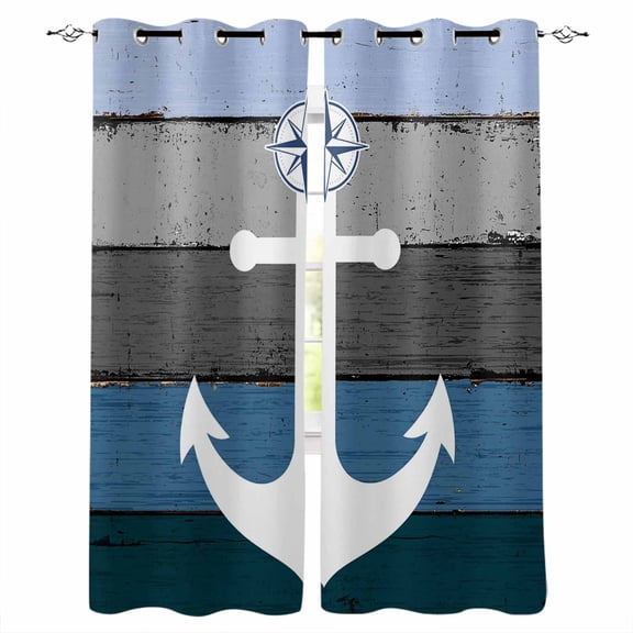 Blue Nautical Anchor Blackout Curtains 54 Inches Long,Thermal Insualted Grommet Curtains & Drapes,Rustic Distressed Wood Grain Room Darking Curtains for Living Room Bedroom 2 Panels 42"W x54"L