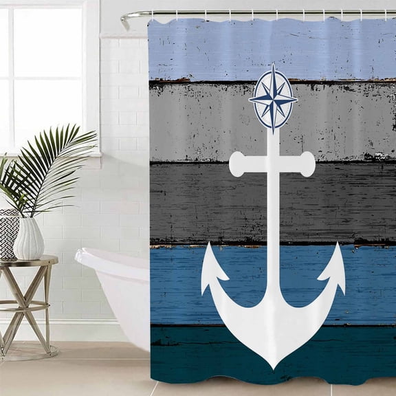 Blue Nautical Anchor Extra Long Shower Curtain Set, Waterproof Shower Curtains for Bathroom, Rustic Distressed Wood Grain Washable Fabric Cloth Bath Curtain for Bathtub with Hooks 72x96 Inches