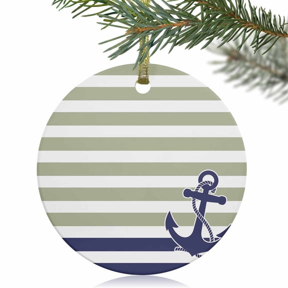 Blue Nautical Anchor Ocean Christmas Ceramic Ornament 2025,3" Round Xmas Tree Hanging Accessories with Gold Ribbon