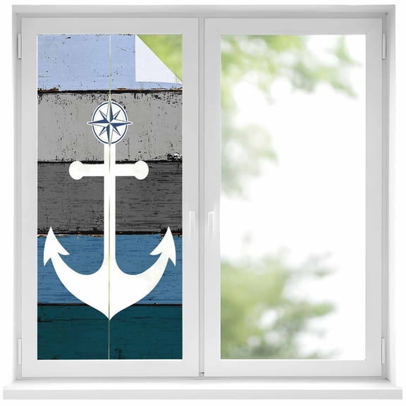 Blue Nautical Anchor Privacy Window Film, Decorative Frosted Glass Window Film, Rustic Distressed Wood Grain Reusable Peel and Stick Static Cling for Home Bathroom Office Glass Door 17.7"x39.3"
