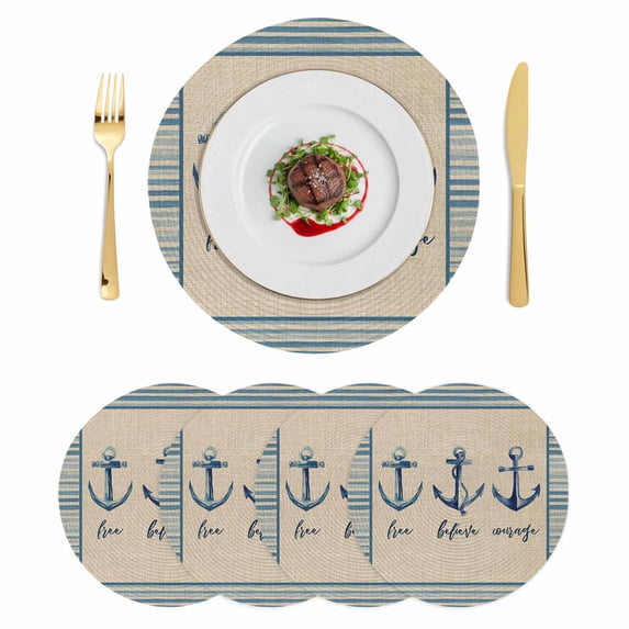 Blue Nautical Anchor Round 15 Inch Placemats Set of 4, Country Retro Ocean Beach Stripes Beige HeatResistant Non Slip Place Mats for Dining Table, Wipeable Braided Kitchen Table Mats for Housewarming