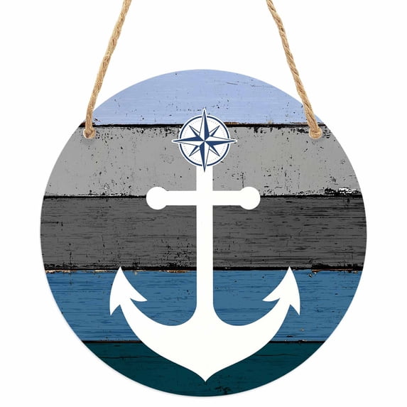 Blue Nautical Anchor Round Front Door Welcome Sign, 7.8 Inch Wall Hanging Decor for Indoor Outdoor, Rustic Distressed Wood Grain Home Porch Hanger Decorations for Holiday Gift