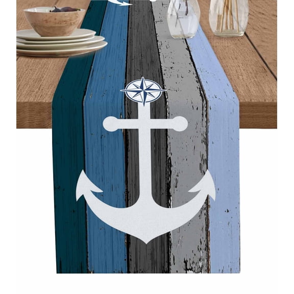 Blue Nautical Anchor Short Table Runners 48 Inches, Cotton Linen Fabric Table Runner Dresser Scarf, Rustic Distressed Wood Grain Tablerunner for Party/Kitchen/Dinner/Wedding Decor 13''x48''