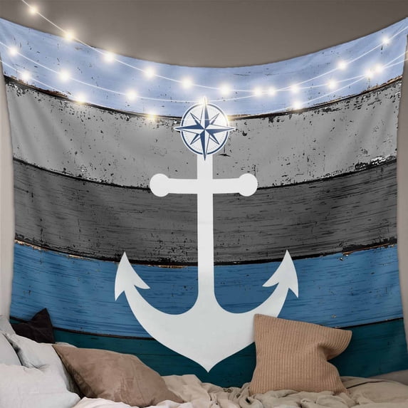Blue Nautical Anchor Small Tapestry for Bedroom Wall Hanging Tapestry, Rustic Distressed Wood Grain Ceiling Backdrop Tapestries Poster Blanket Wall Decor for Teens Room Living Room Dorm 23" x 28"