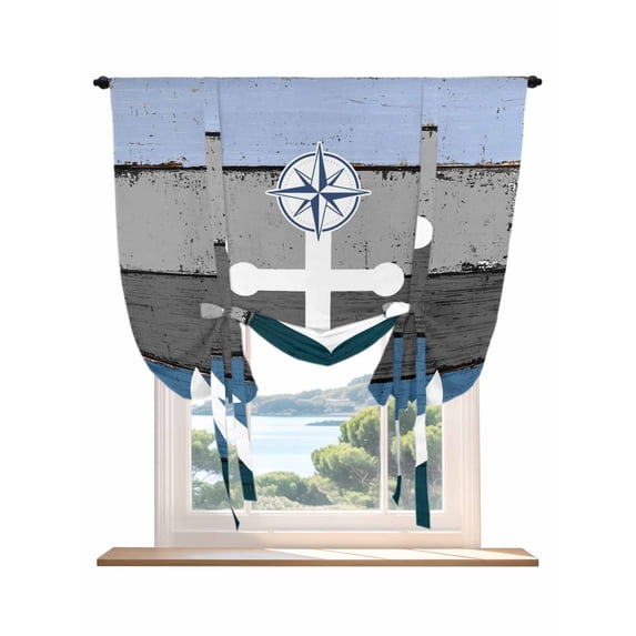 Blue Nautical Anchor Tie Up Curtains for Windows 63 Inch Length Balloon Curtains Kitchen Adjustable Balloon Window Shade Rustic Distressed Wood Grain Tie Up Valance Bathroom Curtain Window 42"x63"