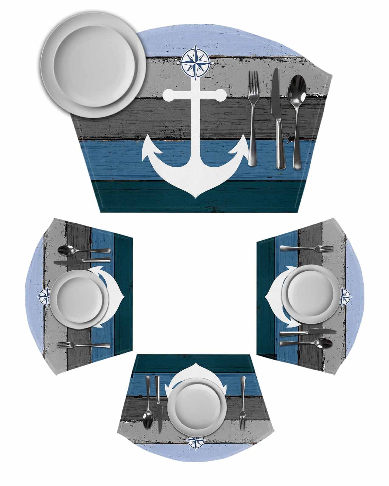 Blue Nautical Anchor Wedge Shaped Placemats Set of 6, Cotton Linen Fan ...