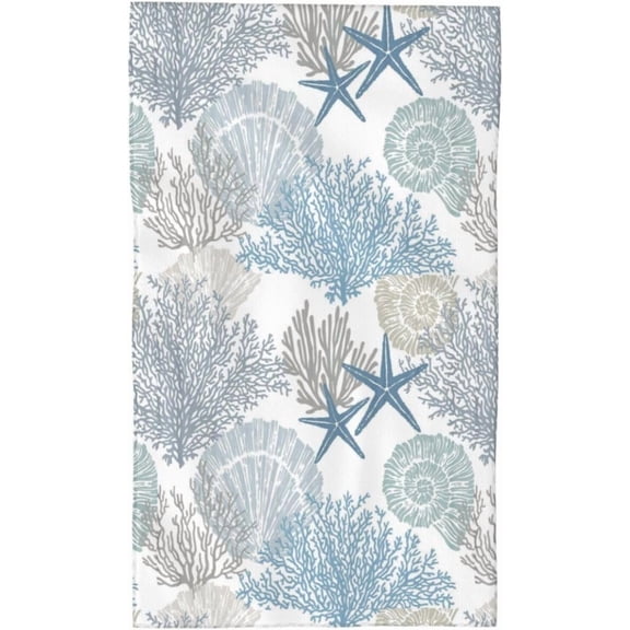 Blue Nautical Beach Kitchen Hand Towel, Starfish Conch Coral Seashell Bathroom Bath Towel, Tropical Ocean Theme Absorbent Soft Dish Fingertip Towels for Hotel Swim Spa Gym Sports