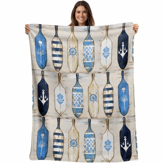 Blue Nautical Blanket Soft Cozy Warm Throw Blanket for Couch, Plush Fuzzy Flannel Fleece Blankets for Sofa, Vintage Beach Summer Sailing Coastal Bed Blankets Lightweight Gifts for Women, 50"x60"