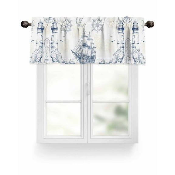 Blue Nautical Boat Kitchen Valances for Windows Classic Ocean Lighthouse Valance Curtains for Kitchen /Living Room/Bedroom/ Bathroom Decor, 54"x18 " ,Rod Pocket 1 Panel, Sailing Anchor