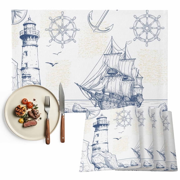 Blue Nautical Boat Placemats Set of 8, Classic Ocean Lighthouse Table Mats Washable Heat-Insulation Non-Slip Place Mats for Kitchen Dinner Table Indoor Outdoor Decor,13x19 Inch Sailing Anchor