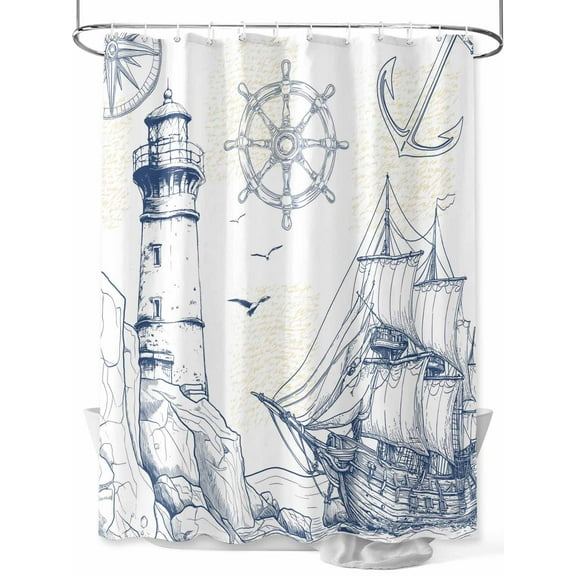 Blue Nautical Boat Shower Curtain, Classic Ocean Lighthouse Bathroom Decor Curtains Set with Hooks, Sailing Anchor Waterproof Fabric Home Accessories， Stall 36 X 72 Inch