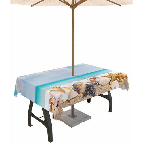 Blue Nautical Coastal Outdoor Tablecloth - 60x60 Inch Square Table Cover, Summer Beach Shell Conch Starfish Waterproof Outdoor Table Cloth with Umbrella Hole & Zipper for Picnic/Patio