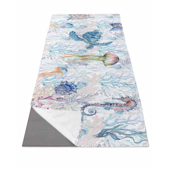 Blue Nautical Coastal Yoga Towel for Hot Yoga Non Slip, Nautical Beach Sea Turtle Coral Yoga Mat Towel Absorbent Yoga Sweat Towels Microfiber Hot Yoga Blanket for Bikram Pilates 26"x70"