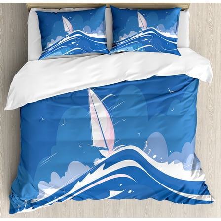 Blue Nautical Duvet Cover Set, Clouds Seagulls Sailboat Ocean Sea Waves Adventure Serenity Pattern, Decorative 3 Piece Bedding Set with 2 Pillow Shams, Calking Size, Azure Blue Pale Blue, by Ambesonne