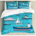 thumbnail image 1 of Blue Nautical Duvet Cover Set, Digitally Generated Layout of Ships Yachts Steamship Ferry Fishing Boat, Decorative 3 Piece Bedding Set with 2 Pillow Shams, King Size, Blue Multicolor, by Ambesonne, 1 of 3