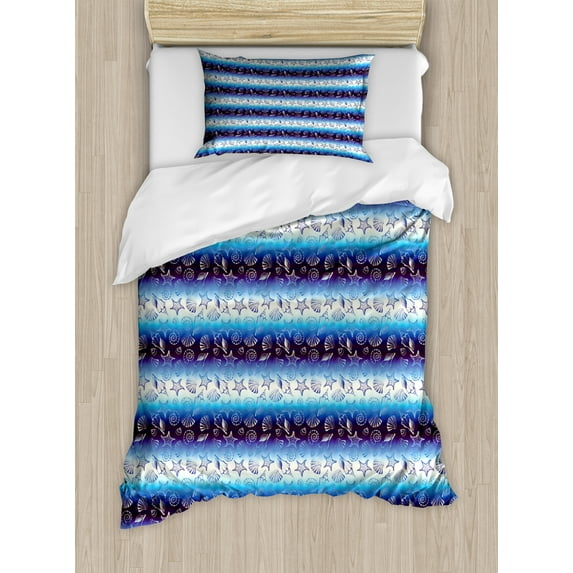 Blue Nautical Duvet Cover Set, Hand Drawn Marine Elements Starfish Seashells Ombre Background, Decorative 2 Piece Bedding Set with 1 Pillow Shams, Twin Size, Dark Purple Blue Ivory, by Ambesonne
