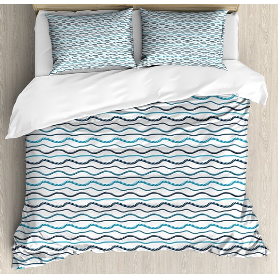Blue Nautical Duvet Cover Set, Pattern of Horizontally Arranged Navy Shapes Ornaments on a Plain Background, Decorative 3 Piece Bedding Set with 2 Pillow Shams, Queen Size, White Blue, by Ambesonne