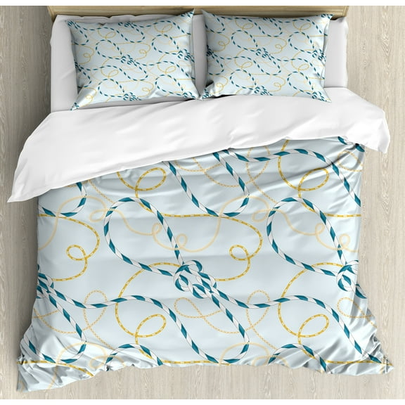 Blue Nautical Duvet Cover Set, Repeating Shape Chains Motifs on Pastel Colored Background Pattern, Decorative 3 Piece Bedding Set with 2 Pillow Shams, King Size, Pale Blue Dark Yellow, by Ambesonne
